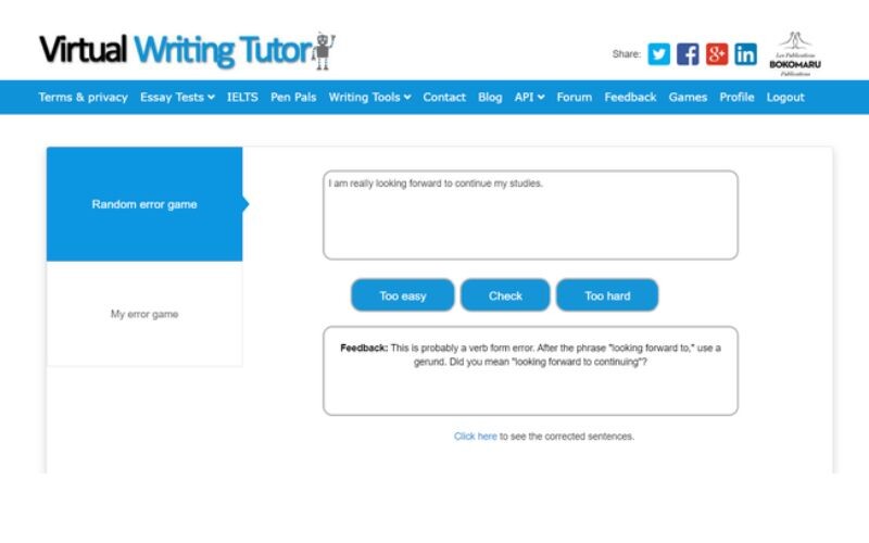 Trò chơi có trên Virtual Writing Tutor, giúp người học cải thiện khả năng ngữ pháp hiệu quả